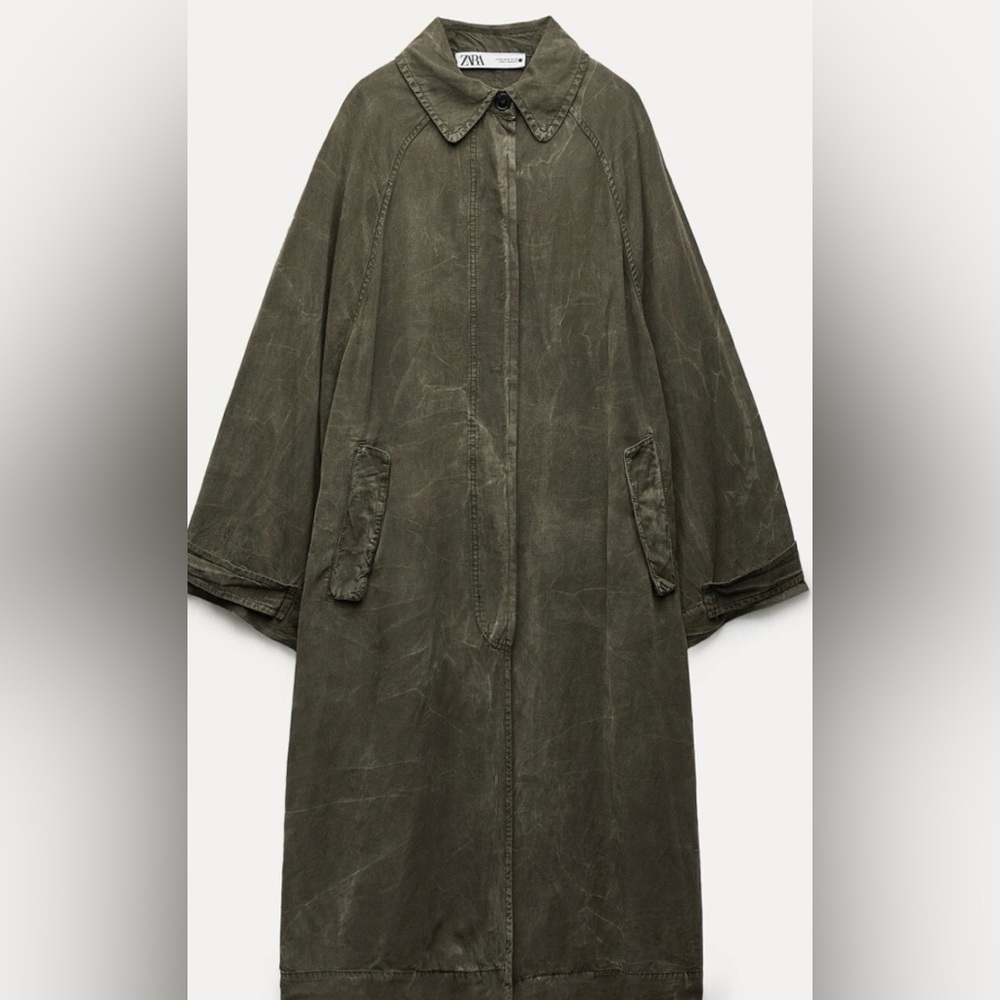 Function & Fringe Edit. ZARA Oversized Wax Utility Olive Green Long Trench Coat - Picture 4 of 6